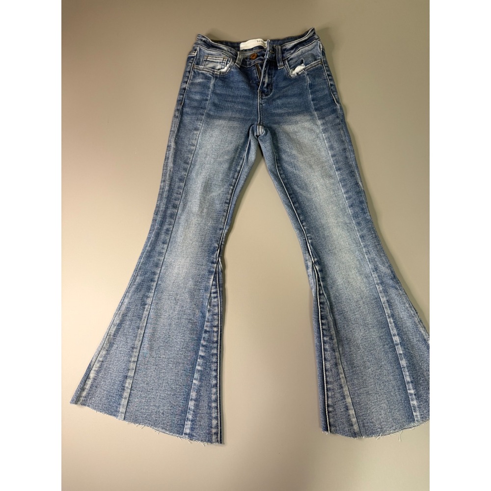 Bridge by GLY Women 23 Mid Rise Super Flare Jeans Blue Denim Frayed Hem BG5802S